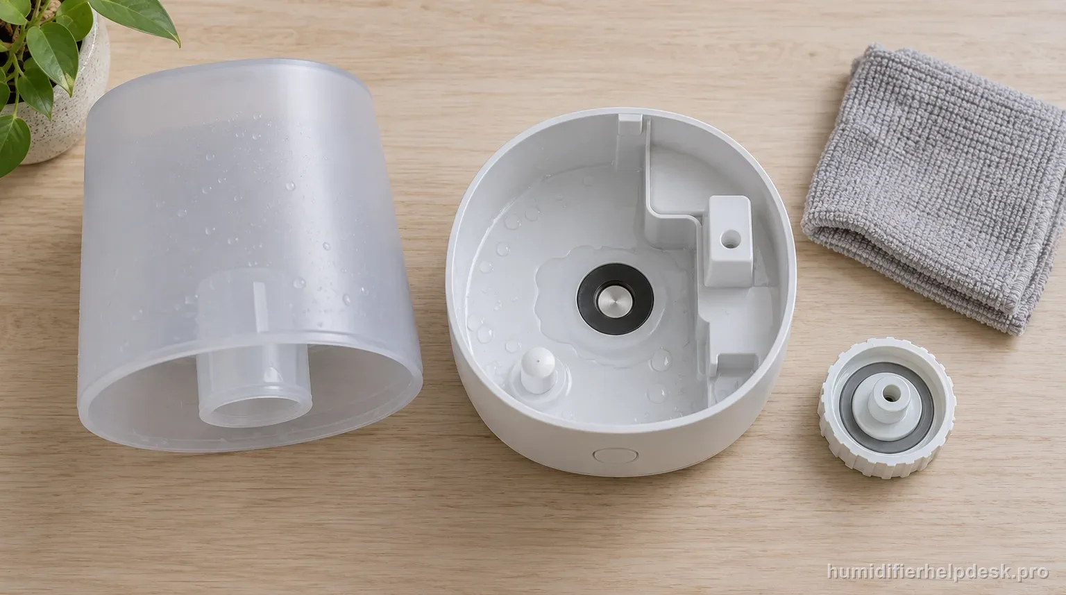 Illustrative overhead flat-lay of a small ultrasonic humidifier with its tank lifted off and a shallow pool of spilled water in the base tray