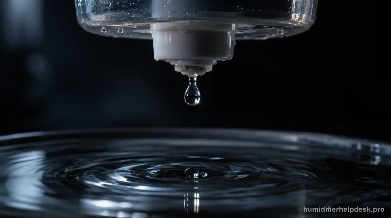 Illustrative high-speed-style detail of a single water droplet mid-fall from a lifted humidifier tank valve into shallow water