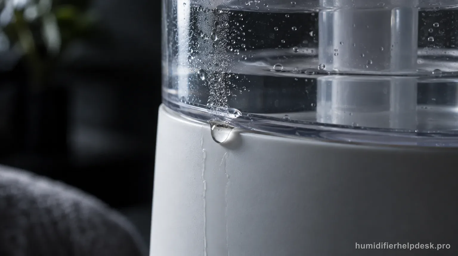 Illustrative macro view of a water droplet beading along the seam where the clear reservoir meets the white base of a small ultrasonic humidifier