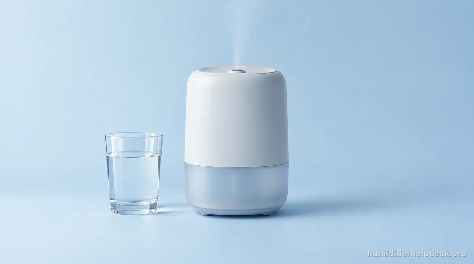 Illustrative studio product photo of a small ultrasonic humidifier alone on a pale-blue backdrop with only a faint wisp of vapor