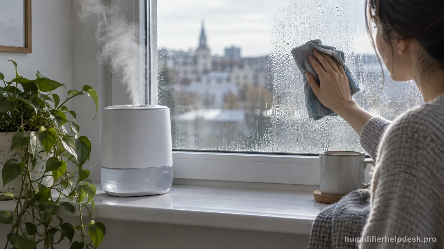 Illustrative compact humidifier running on a windowsill with faint condensation forming on the glass beside it