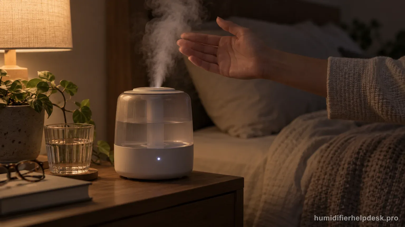Illustrative hand hovering near the mist nozzle of a compact humidifier on a nightstand checking for output