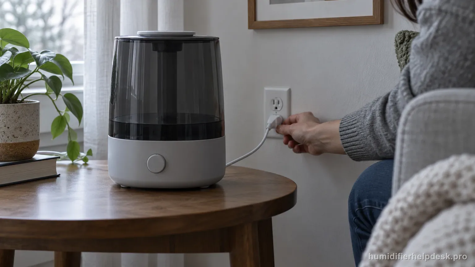 Illustrative hand checking the plug and outlet behind a compact humidifier with its power light unlit