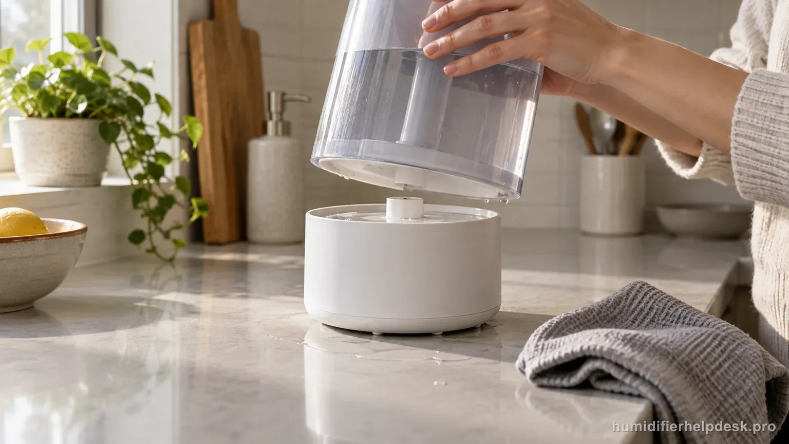 Illustrative hand lifting a water tank away from a compact humidifier base where water has overflowed onto the tray