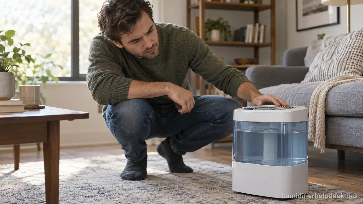 Illustrative person checking a compact evaporative humidifier with a full water tank while the fan appears stopped