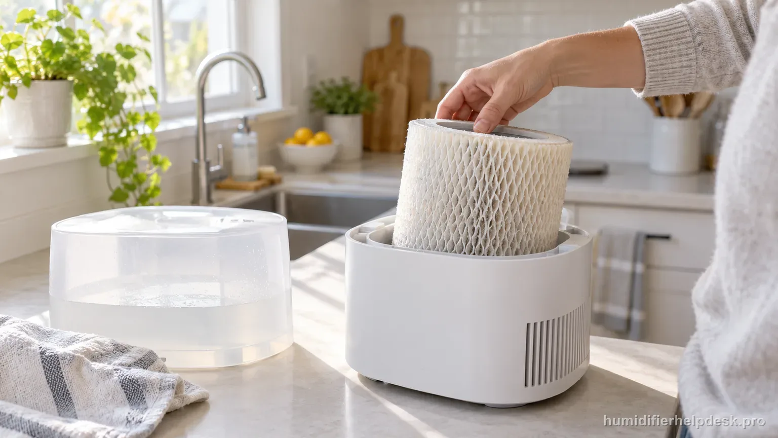 Illustrative hand lifting a wick filter out of a compact evaporative humidifier to check for mineral buildup