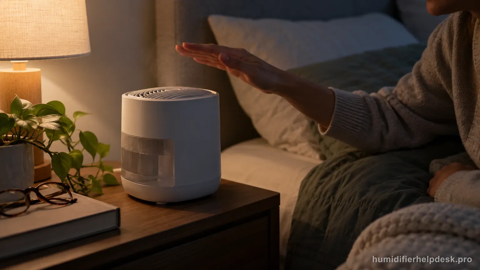 Illustrative person checking a compact evaporative humidifier for airflow with an open palm near the vent