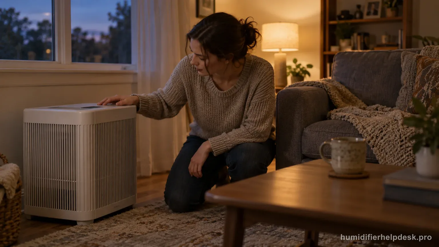 Illustrative person checking a quiet boxy whole-room evaporative humidifier beside a sofa