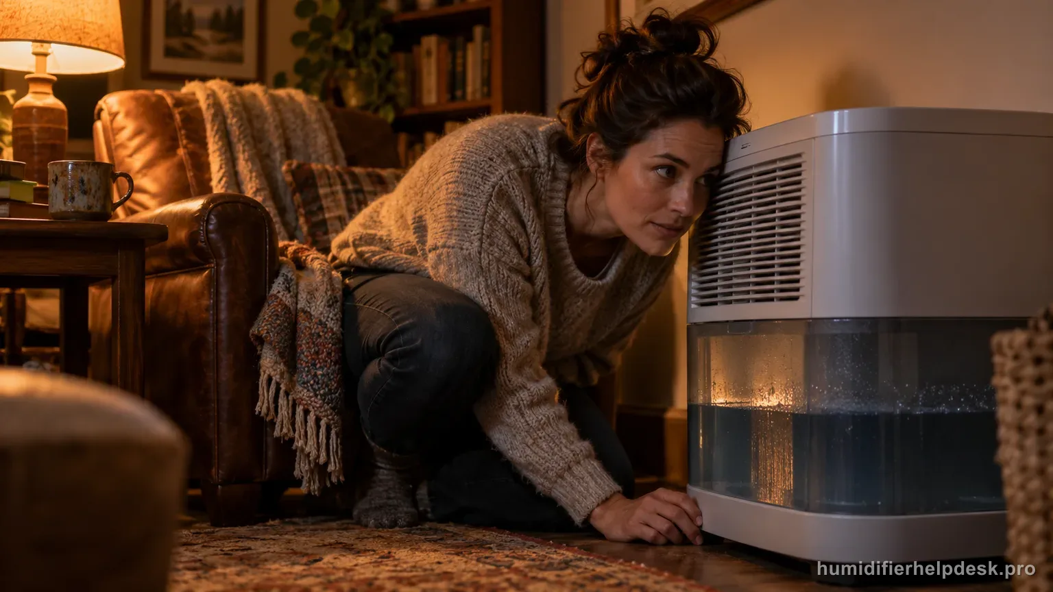Illustrative person leaning close to a boxy whole-room evaporative humidifier listening to a bubbling sound