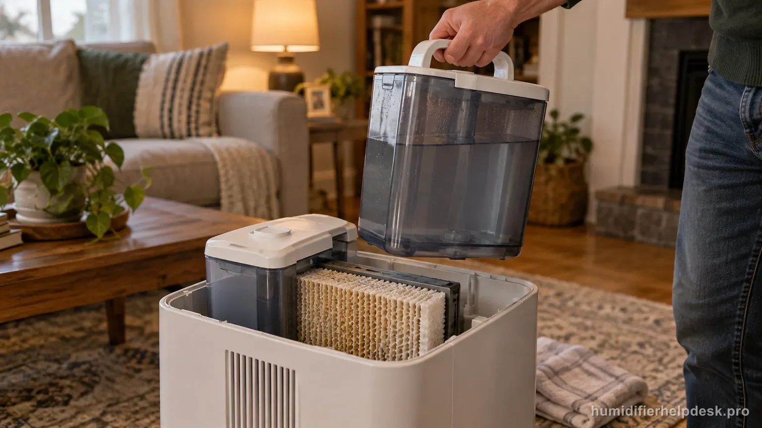 Illustrative hand lifting a water tank out of a boxy whole-room evaporative humidifier to inspect the wick