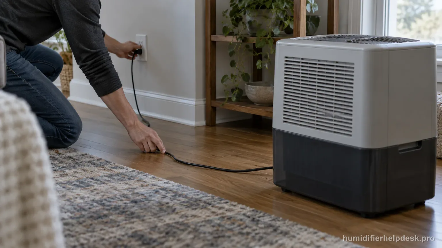 Illustrative hand tracing a power cord from a boxy whole-room evaporative humidifier back to a wall outlet