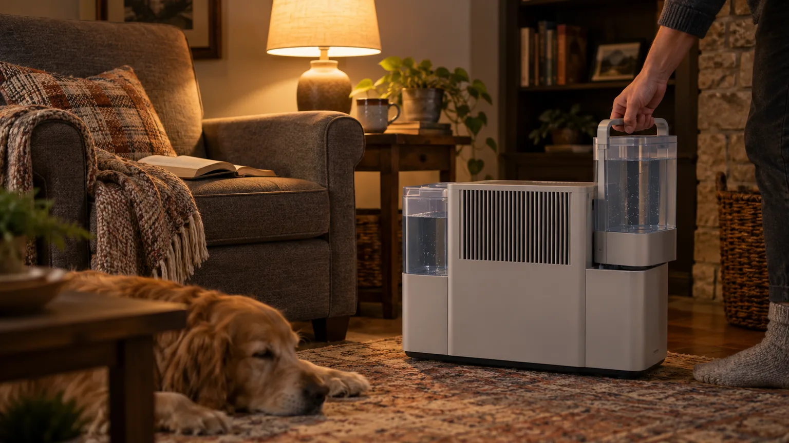 Illustrative a boxy whole-room evaporative humidifier beside a reading chair while a hand lifts out one of its water tanks