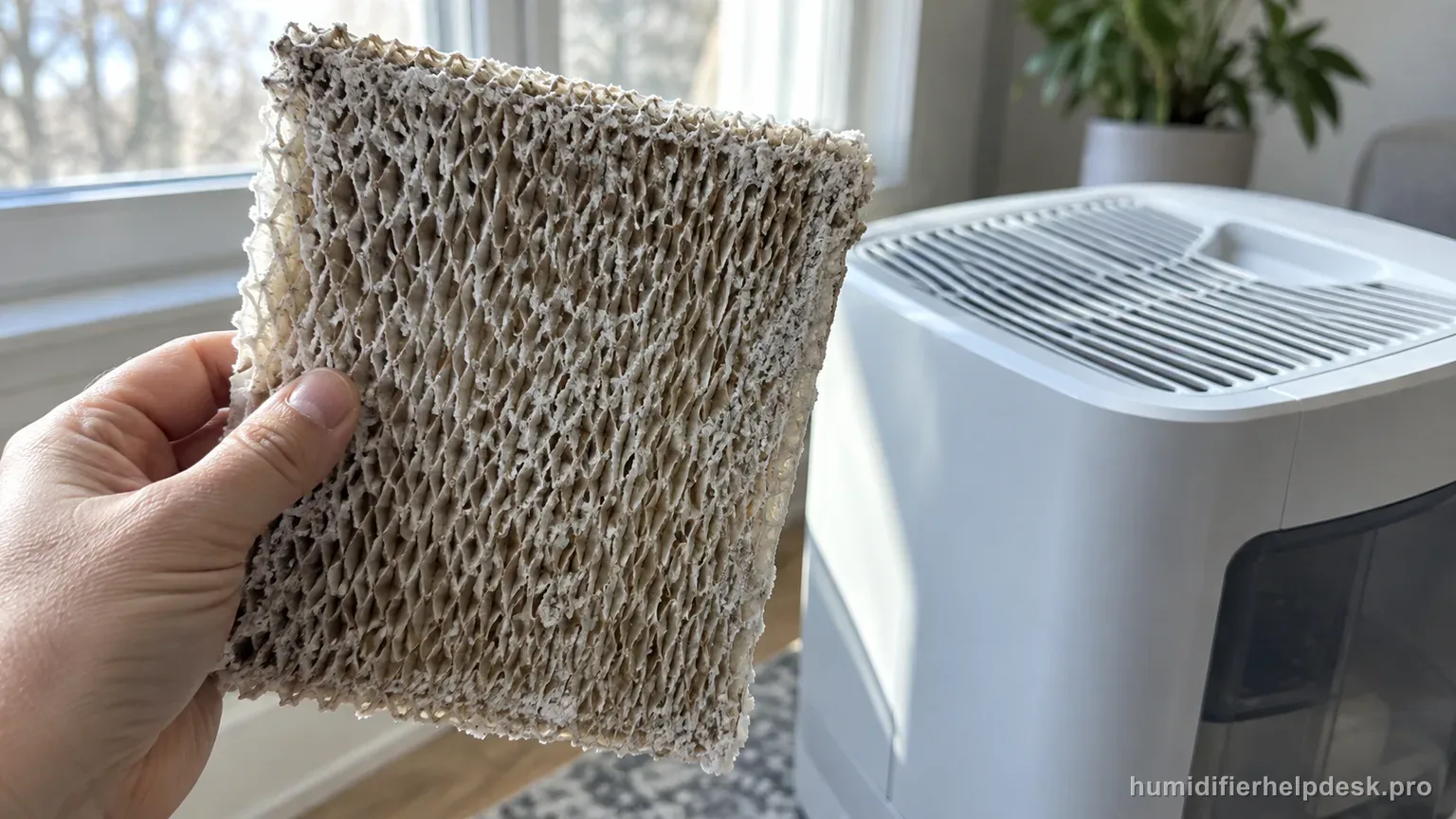 Illustrative hand holding a stiff, mineral-crusted wick filter beside a boxy whole-room evaporative humidifier