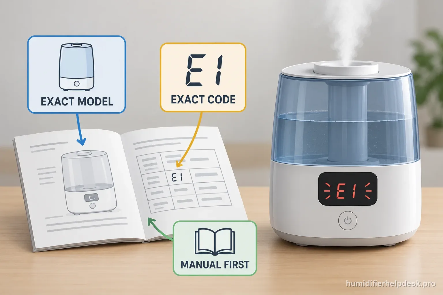 A generic humidifier beside its model label and manual, with arrows marking the model, displayed code, and manual-first check