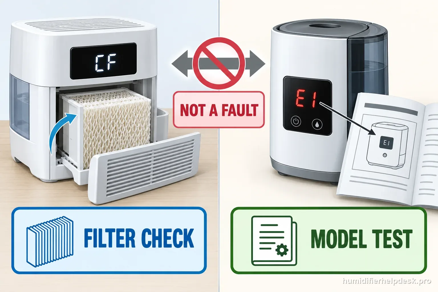 Two generic humidifiers compare a CF filter reminder beside a wick with an E1 display beside its model manual