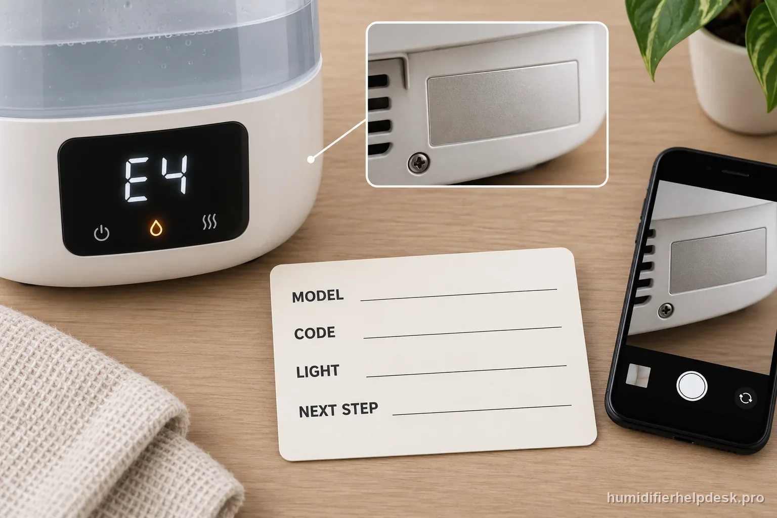 A humidifier warning display, model plate, phone camera, and blank support record labeled model, code, light, and next step