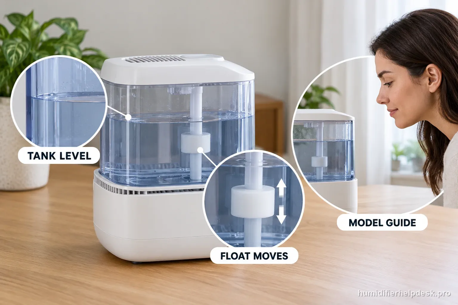 A transparent humidifier tank and float are shown at the water line with labels for tank level, float movement, and model guide