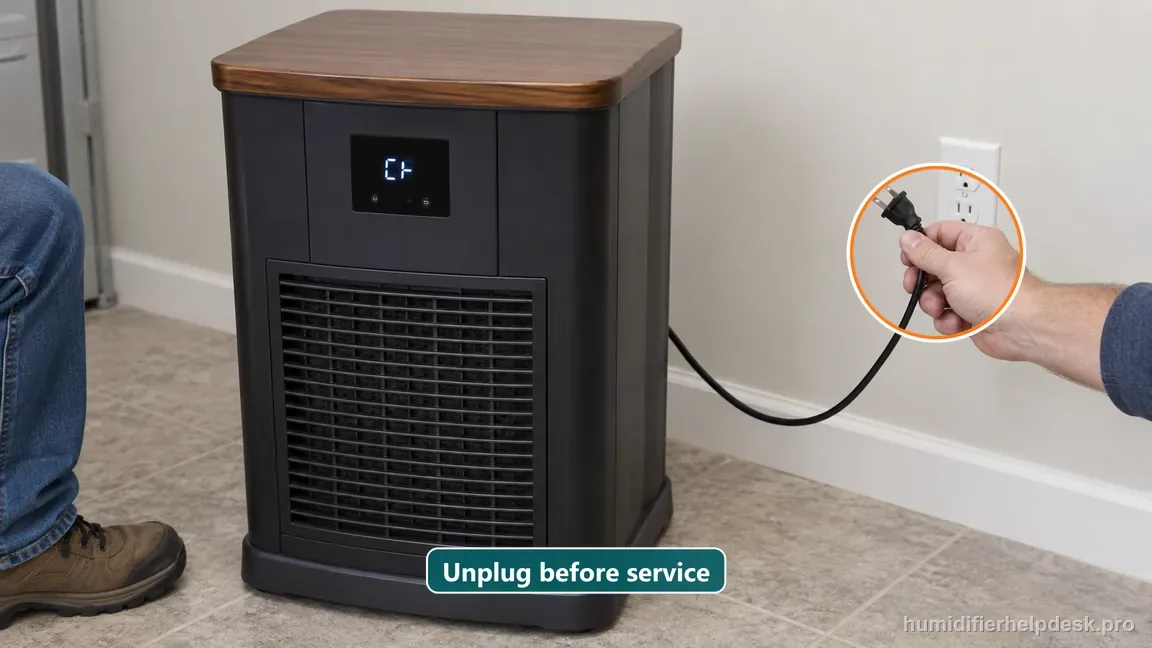 The AIRCARE pedestal is unplugged with its disconnected plug held clearly away from the wall outlet before wick service.