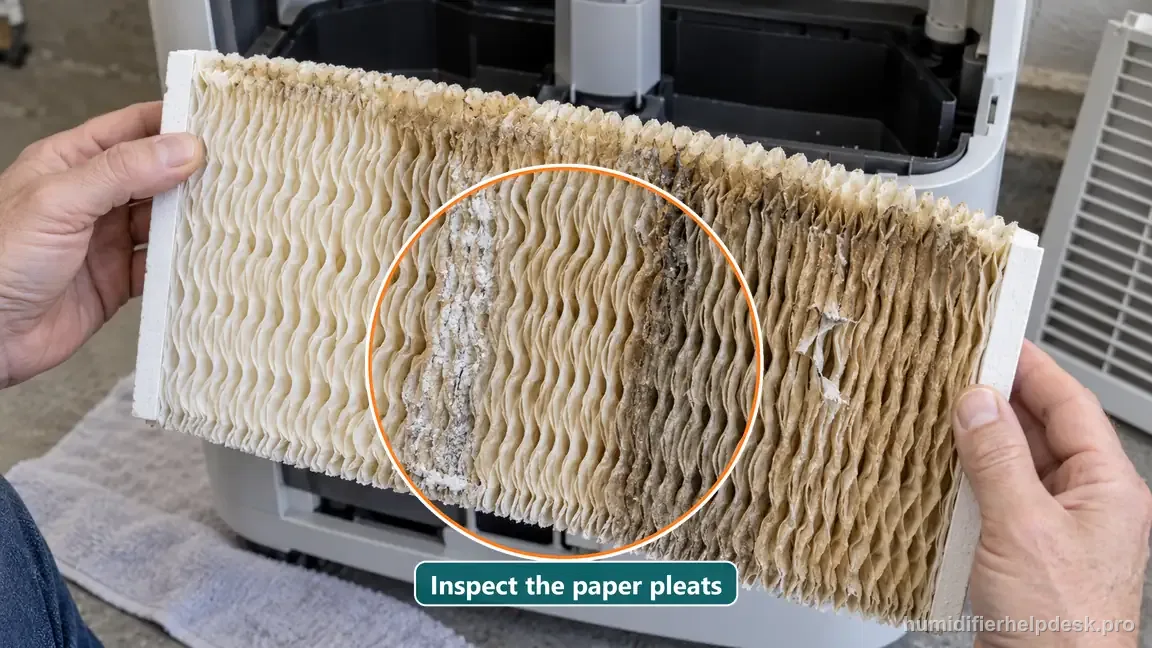 A used accordion-paper wick is held close for inspection of dampness, mineral deposits, clogged pleats, and torn paper.