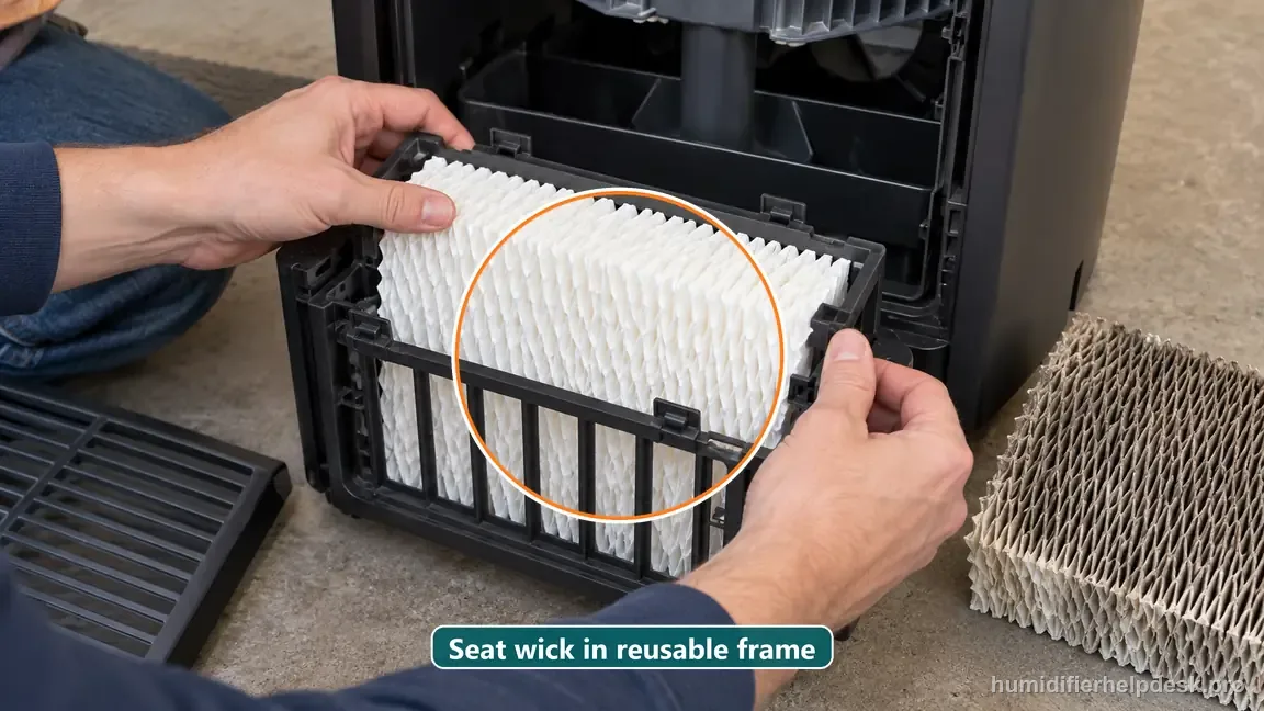 Hands seat a clean replacement accordion wick into the reusable rectangular frame while the old wick rests aside.