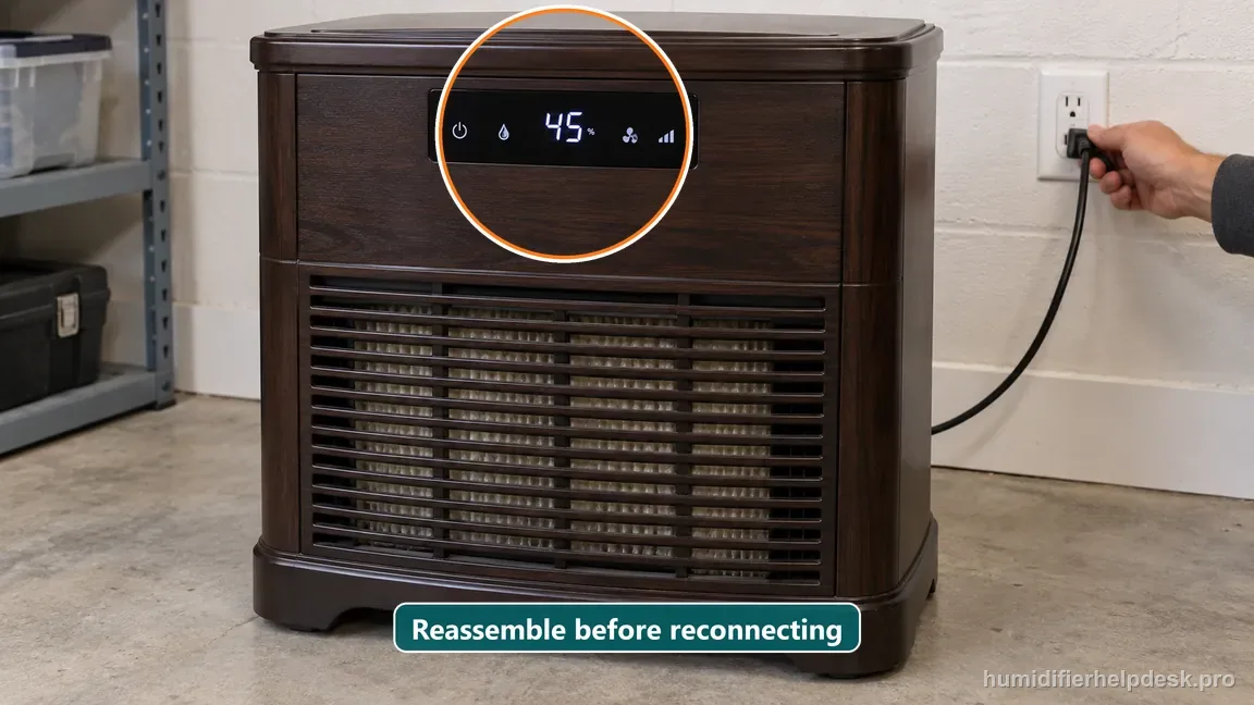 The assembled AIRCARE pedestal is reconnected after wick inspection and shows a normal humidity reading instead of CF.