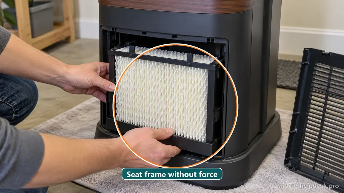 A replacement wick already seated in its frame is guided straight into the lower front compartment of the unplugged pedestal.