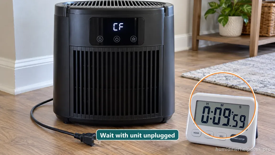 A reassembled pedestal still displays CF while its unplugged cord and a digital timer show a ten-minute wait.