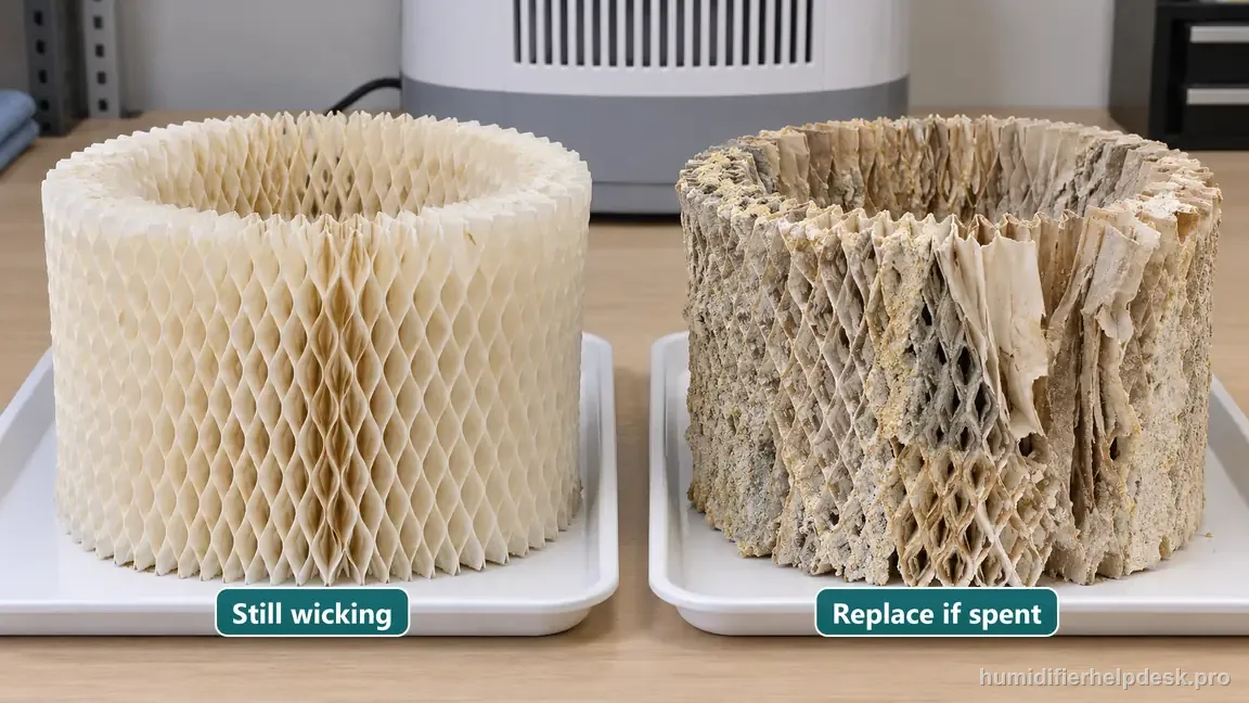 Two accordion-paper wicks are compared side by side, one open and intact and one hardened with deposits and torn pleats.