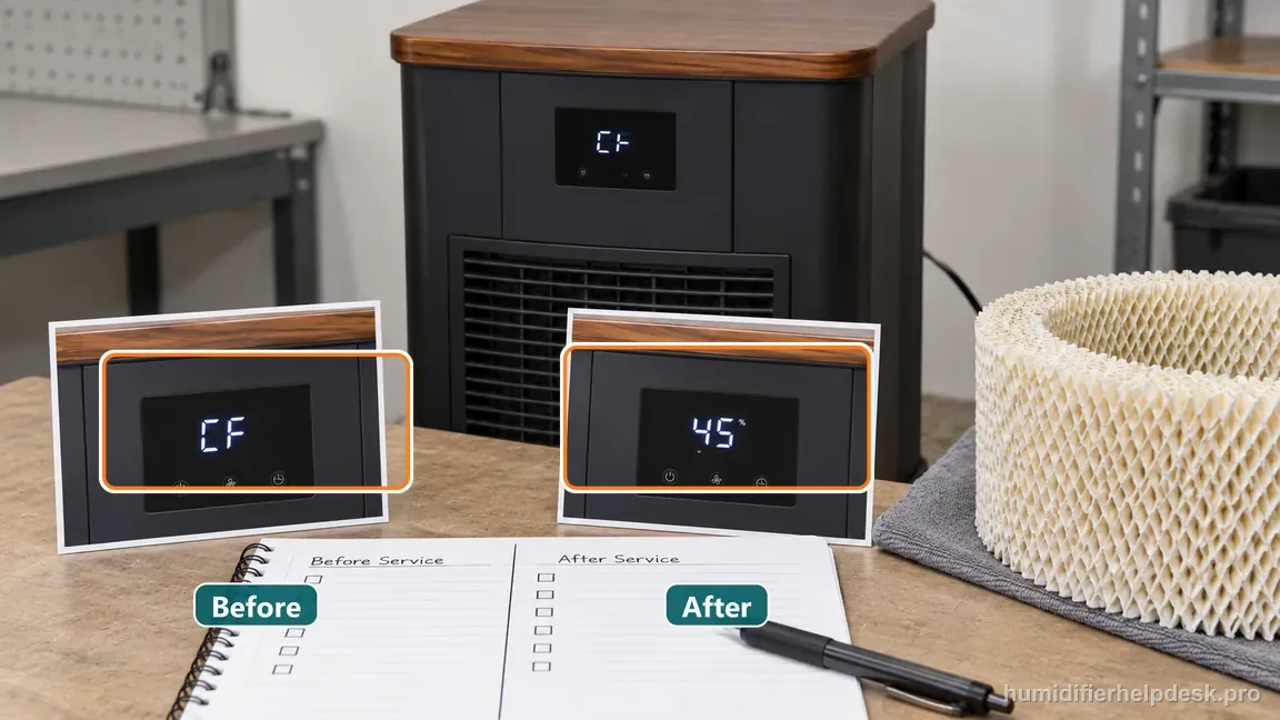 The square-top AIRCARE pedestal is shown in before-and-after CF display cards beside a blank service log and a wick.