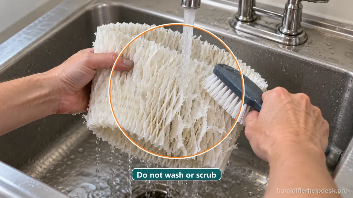 A disposable paper wick is being scrubbed under a faucet and is visibly fraying, illustrating an incorrect cleaning attempt.