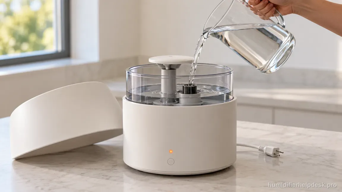A DreamWell tank is refilled through the open top-fill method while the orange low-water indicator is visible and the unit is unplugged.