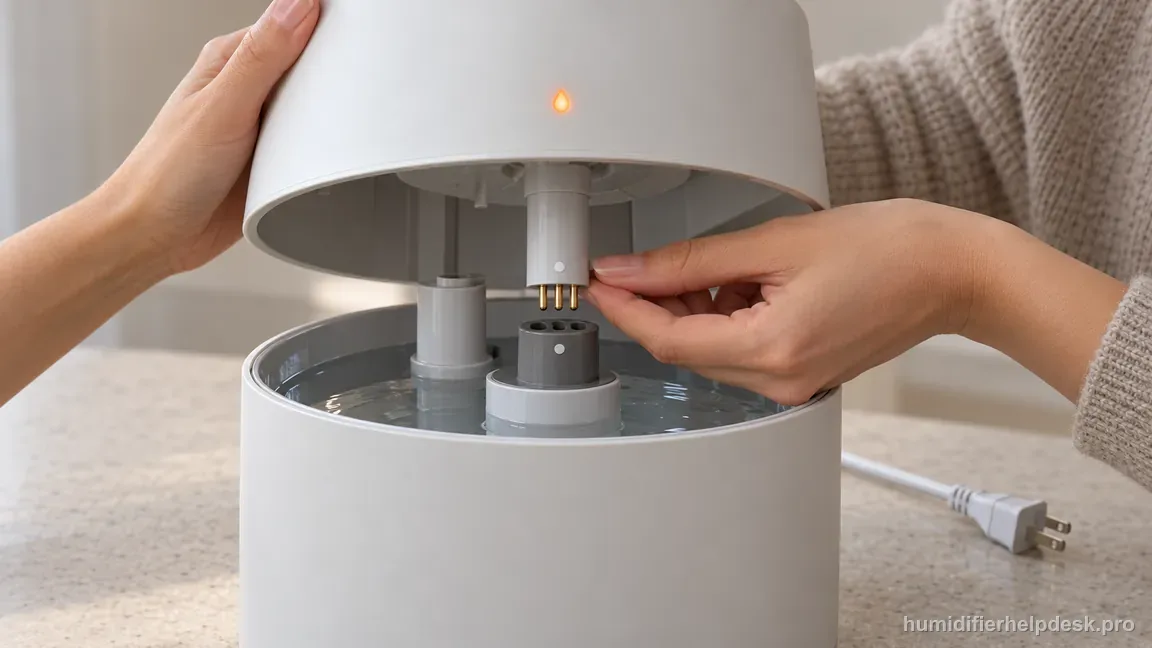 With the DreamWell unplugged, a user checks the three-pin connector and matching alignment dots between its upper body and filled tank.