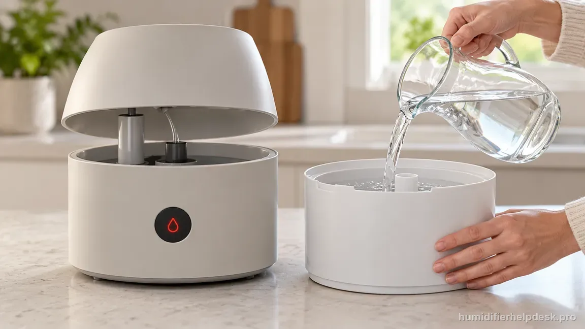 The DreamWell low-water indicator glows while the removed tank is refilled from a pitcher before any pump inspection.