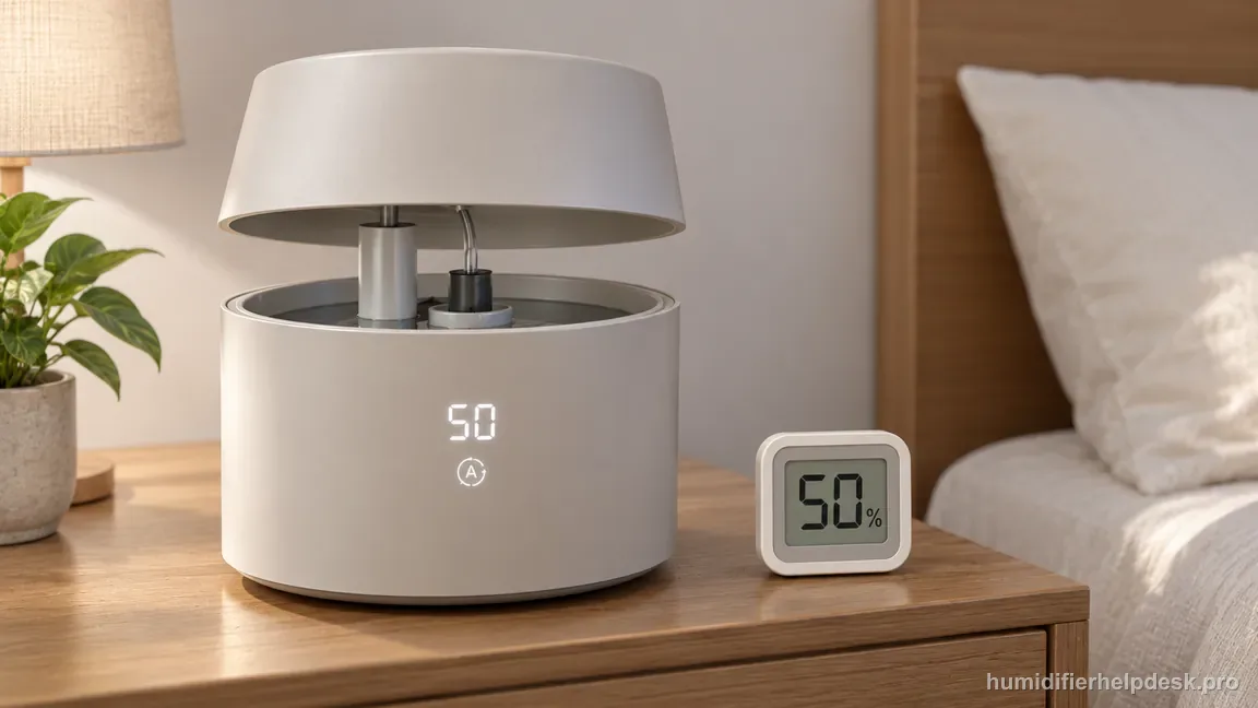The DreamWell control shows Auto Mode at 50 while a separate hygrometer also reads 50 percent, indicating the target is met.