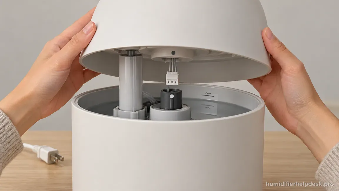 With the DreamWell unplugged, the upper enclosure is lifted to align its dot and three-pin pump connector above the tank.