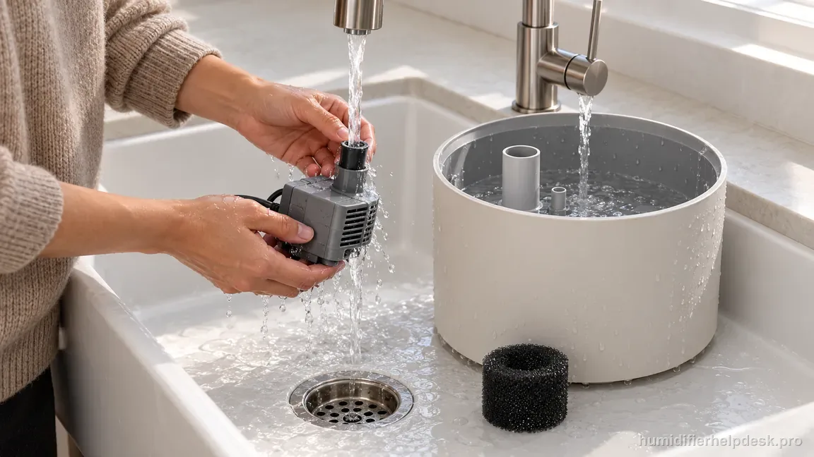 The removed DreamWell pump is rinsed under fresh water while the separate tank is also rinsed in a utility sink.