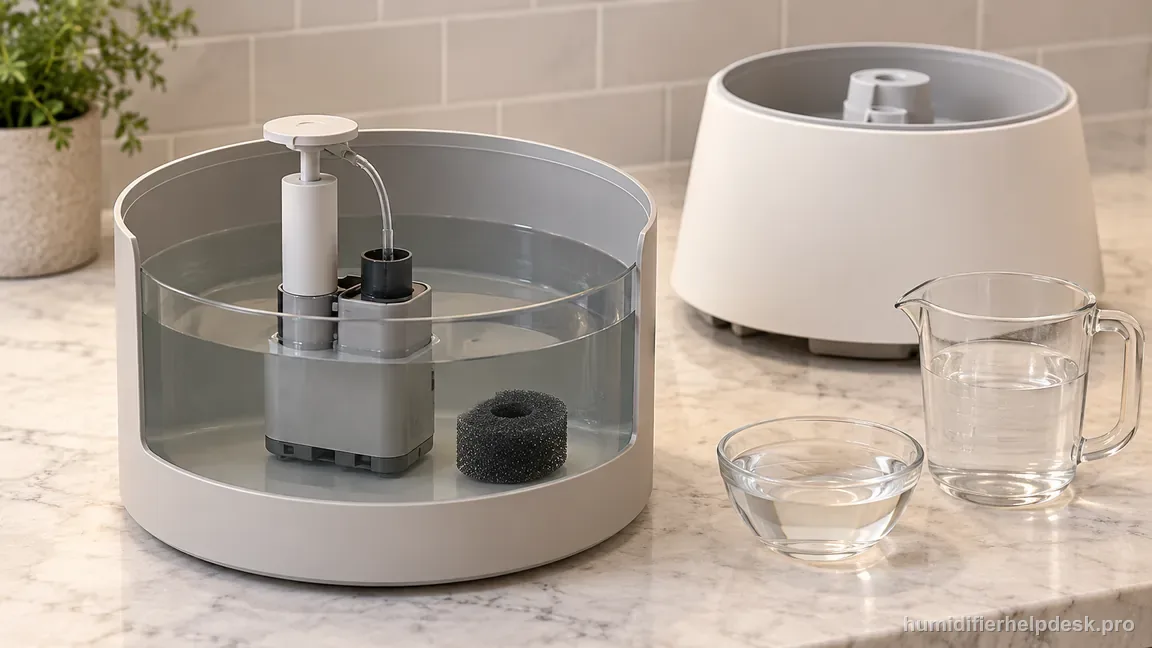 The DreamWell pump is positioned in its tank with the lower half submerged in descaling solution and the sponge prefilter soaking beside it.