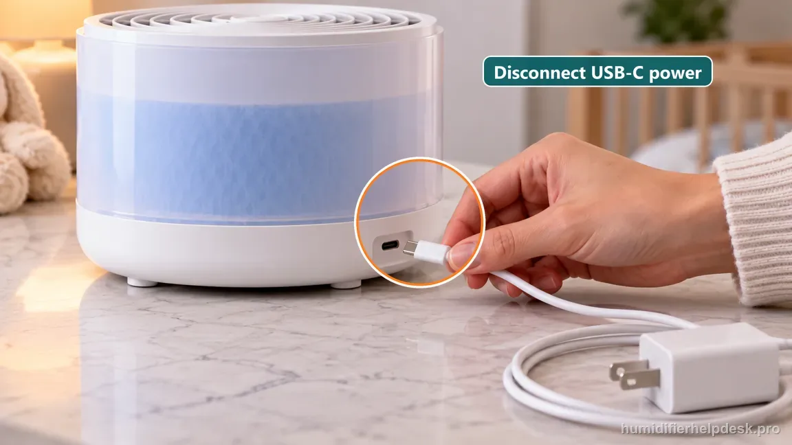 The white Canopy Bedside 2.0 stands unplugged with its USB-C cable and adapter visibly disconnected before the filter and grille are handled.