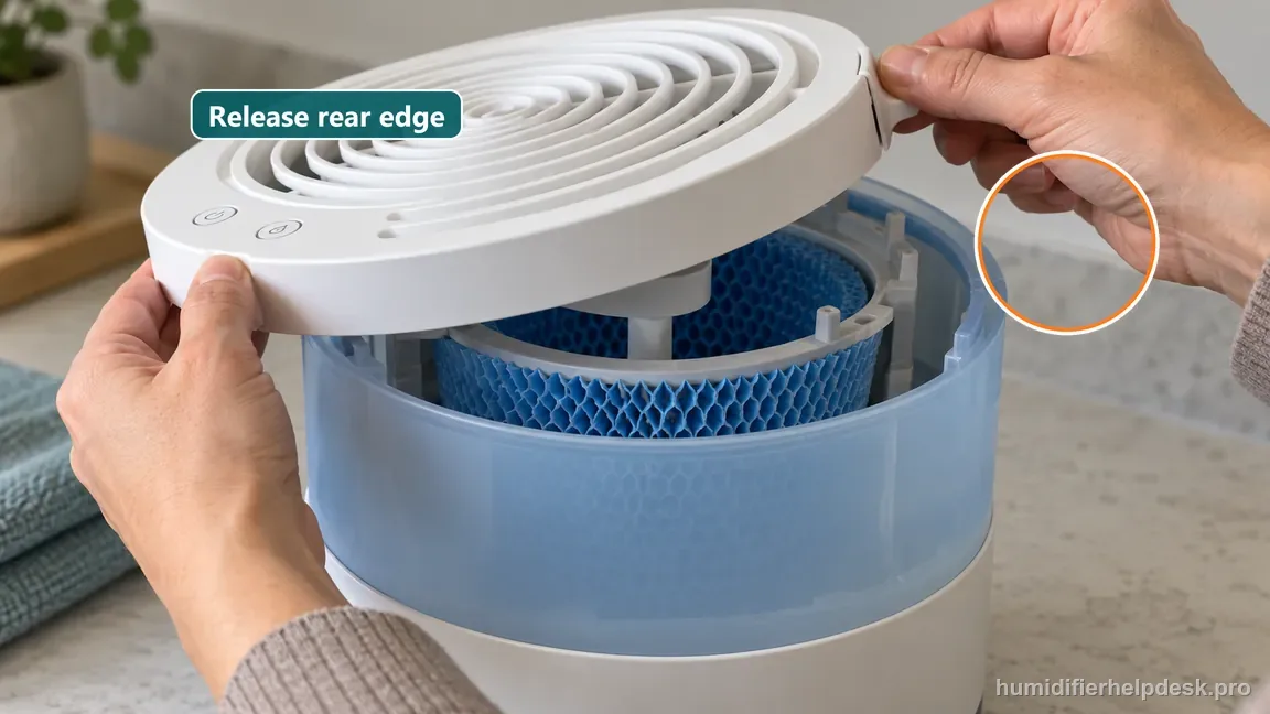 Hands lift the removable spiral grille from the unplugged Canopy Bedside 2.0 to inspect its user-removable spacer and blue filter.