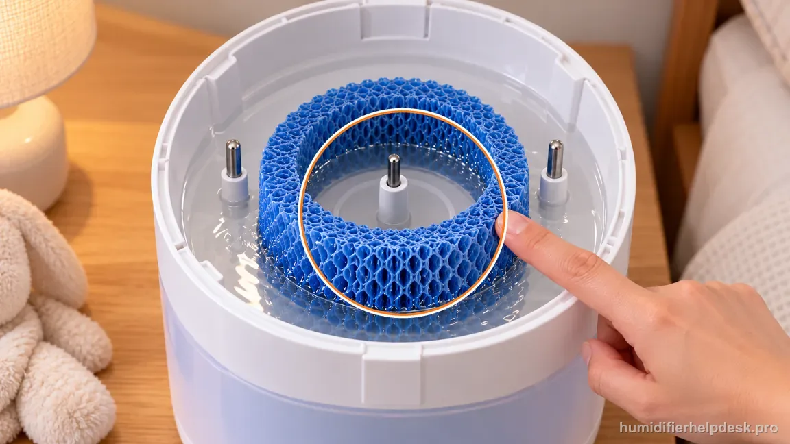 The blue honeycomb filter sits down in the Canopy Bedside 2.0 tray below the circular top grille, with its lower edge supported by the inner ring.