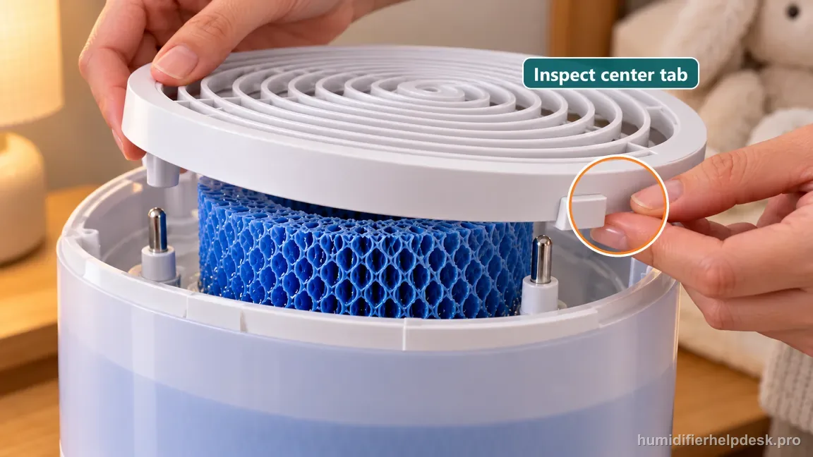 The removable spiral grille is lifted above the blue filter while the white center tab and nearby control-button side are visible for inspection.