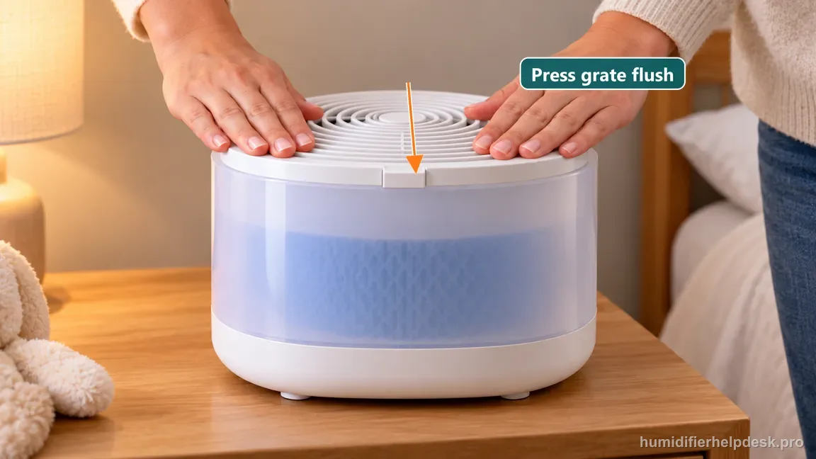 Both hands press the Canopy Bedside 2.0 spiral grille down evenly until its center tab and outer rim sit flush on the body.