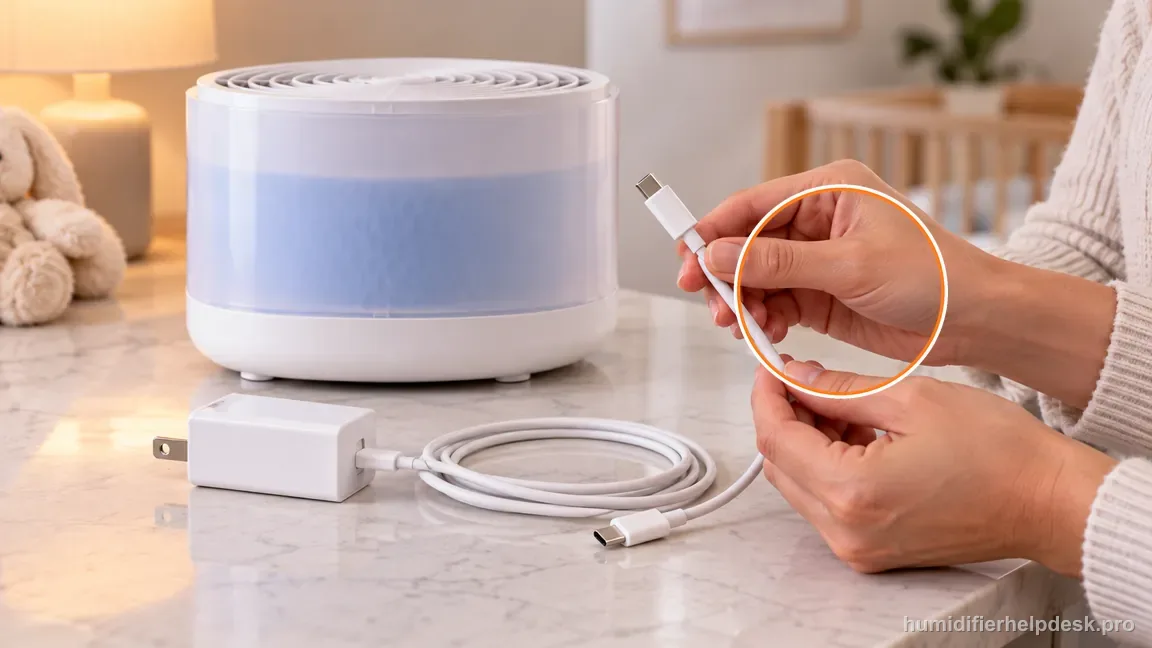 The Canopy Bedside 2.0 sits beside its external USB-C cable, adapter, and plug for a dry visual inspection of its power path.