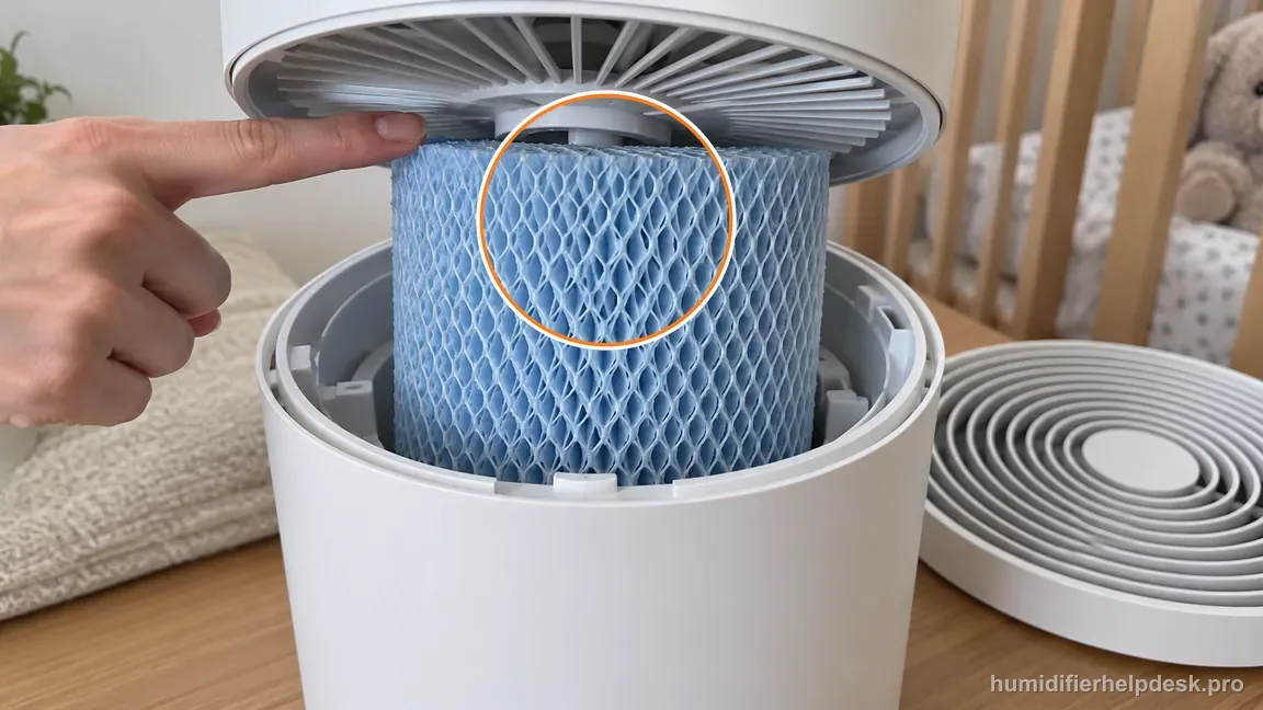 The blue pleated filter in the open Canopy Bedside 2.0 sits too high and visibly touches the underside of the fan grille.