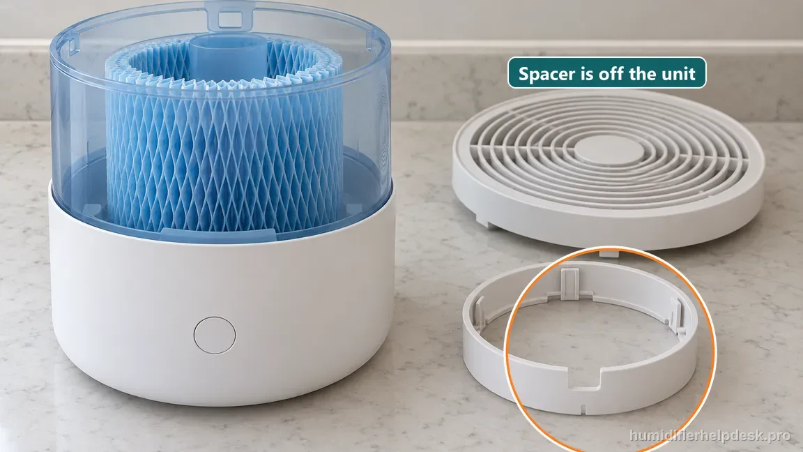The blue filter remains in the Canopy Bedside 2.0 while its round grille and removable spacer sit separately on the counter.