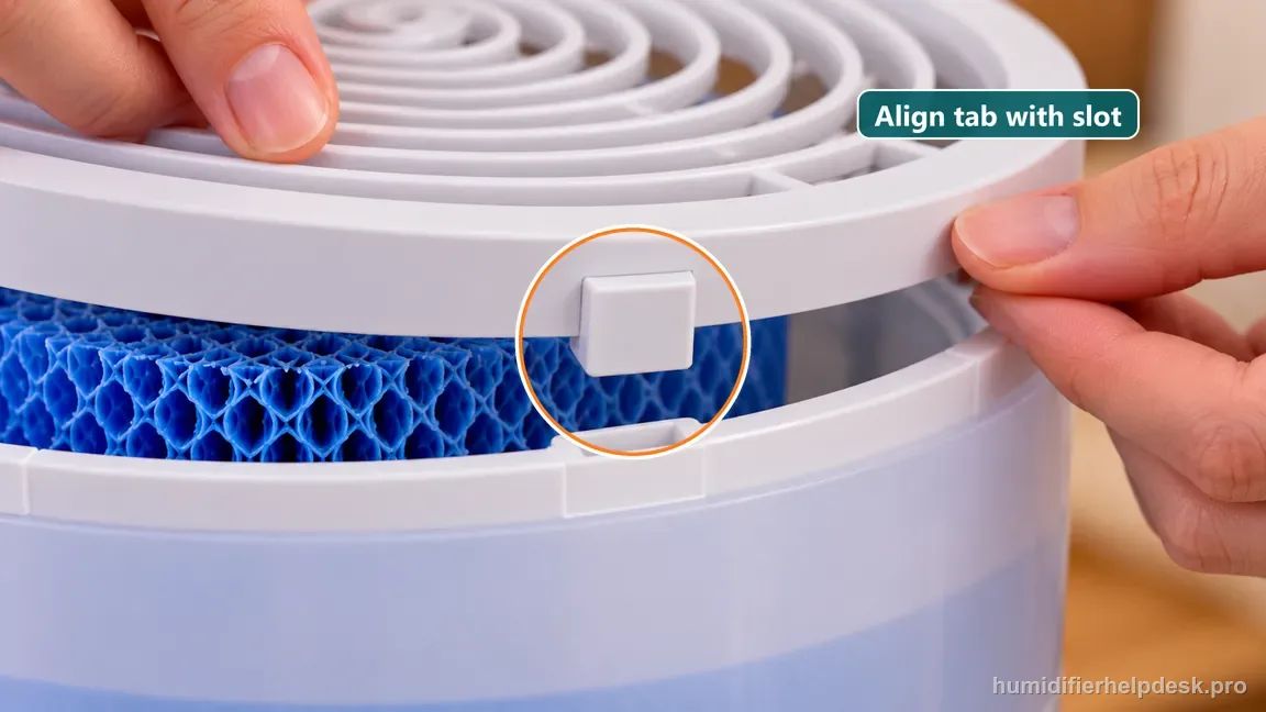 A close view aligns the Canopy Bedside 2.0 grille center tab with its receiving point by the power-button side.