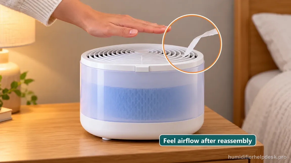 The reassembled Canopy Bedside 2.0 has a flush spiral grille as a hand checks airflow above the top after correction.