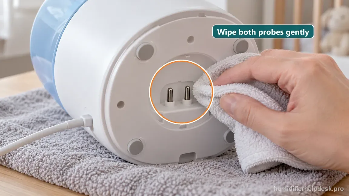 The unplugged Canopy Bedside 2.0 is turned carefully over while a damp cloth gently wipes its two exposed sensing probes.