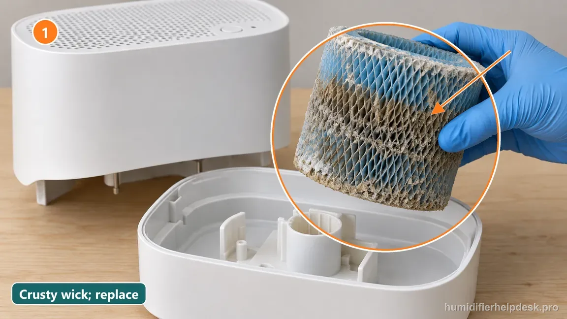 A gloved hand lifts a hardened, mineral-crusted blue cylindrical wick from the Canopy Bedside 2.0 tray for condition inspection.