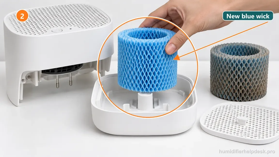 A clean replacement blue cylindrical wick is lowered into the white Bedside 2.0 tray, centered in its round filter seat.